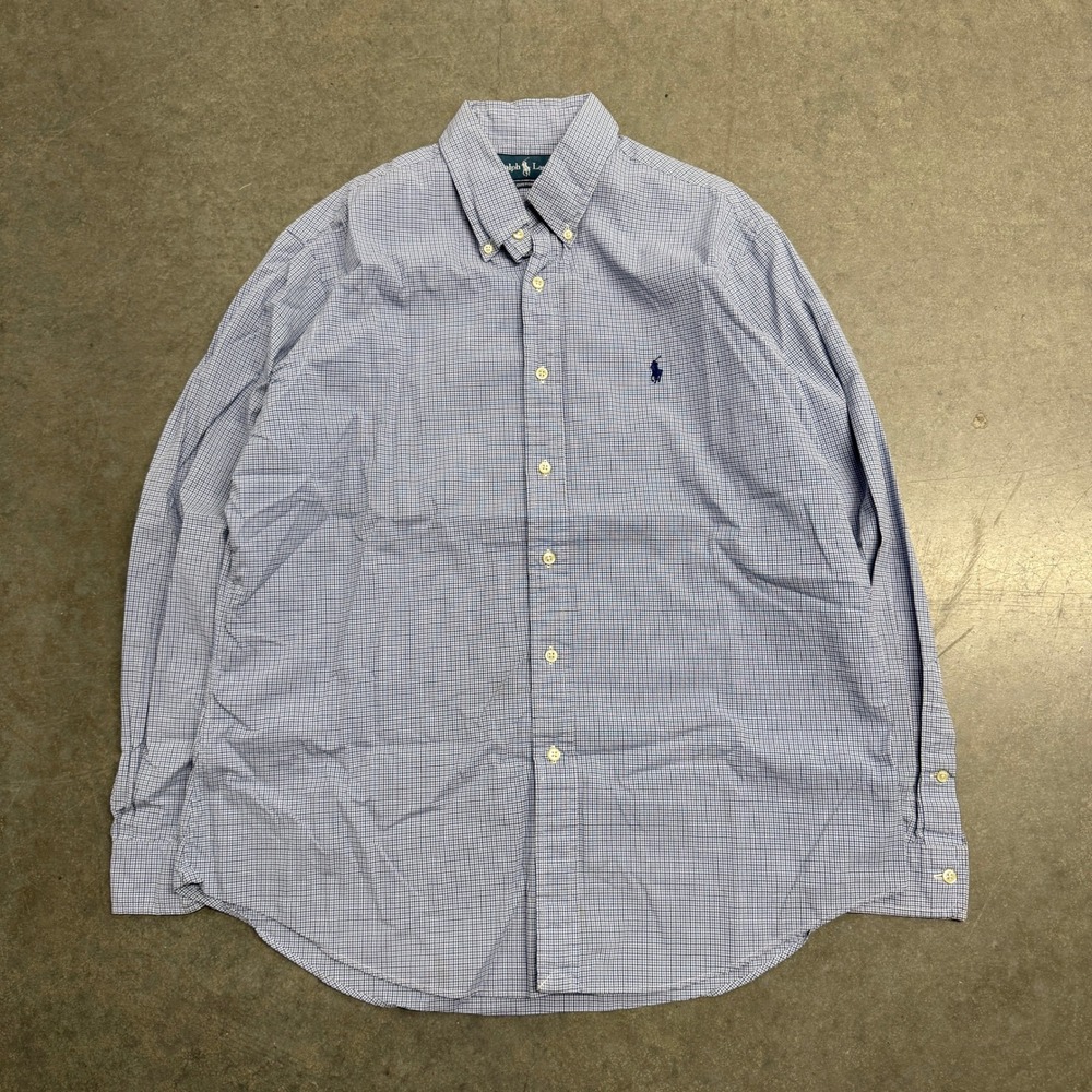 Ralph Lauren Mens Custom Fit Blue Micro Check Button Down Shirt 16.5 34/35